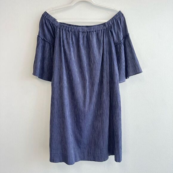 Madewell Women’s Size 8 Navy Off the Shoulder Bell Sleeve Mini Dress Stretch - Picture 2 of 10